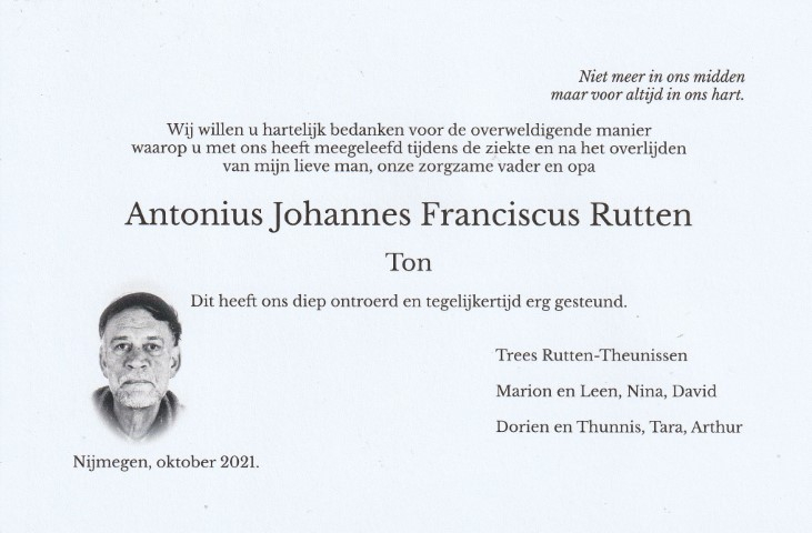 Bedankt voor de steun bij het overlijden van Ton Rutten · Nijmegen Atletiek